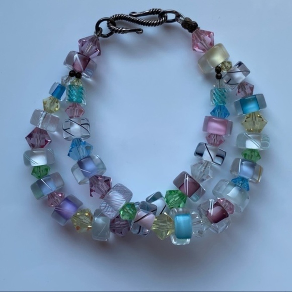 Artisan 925 Sterling Silver Pastel Pink Blue Crystal Glass Beaded Bracelet NEW - Picture 3 of 11